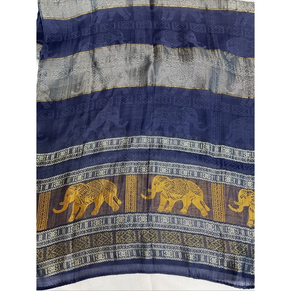 100% Silk Scarf Shawl Elephants 66 X 20 Art To Wear Lagenlook Tribal Shiny